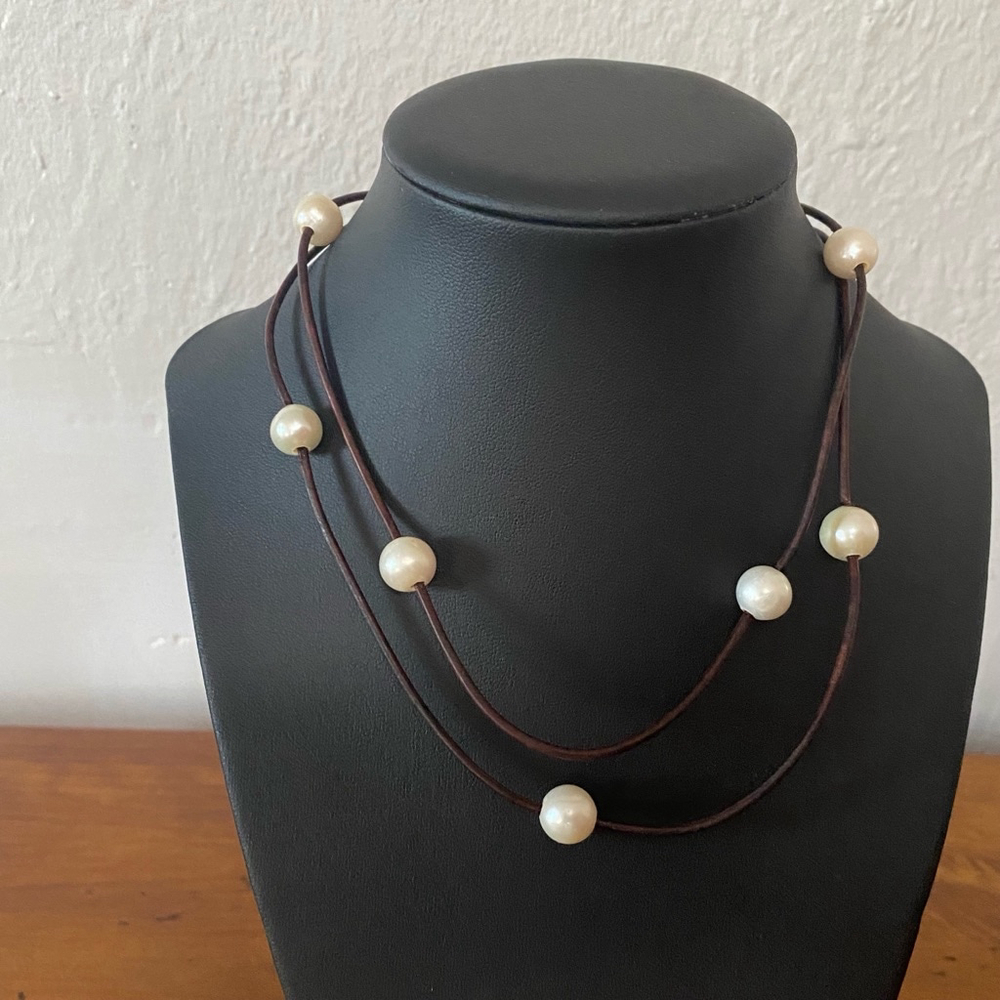 Freshwater Potato Pearls on Leather Cord
